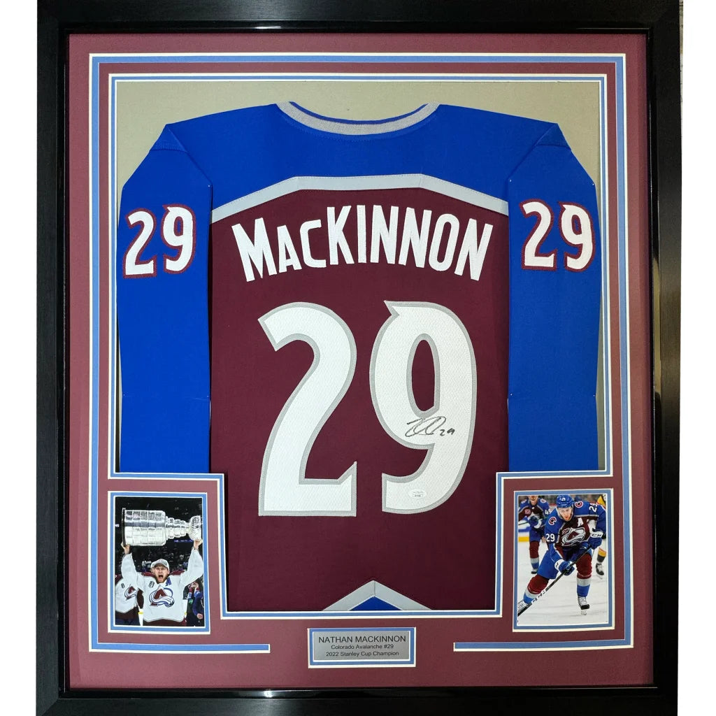 Framed autographed maroon and blue colorado avalanche nathan mackinnon hockey jersey 35x39 with jsa coa