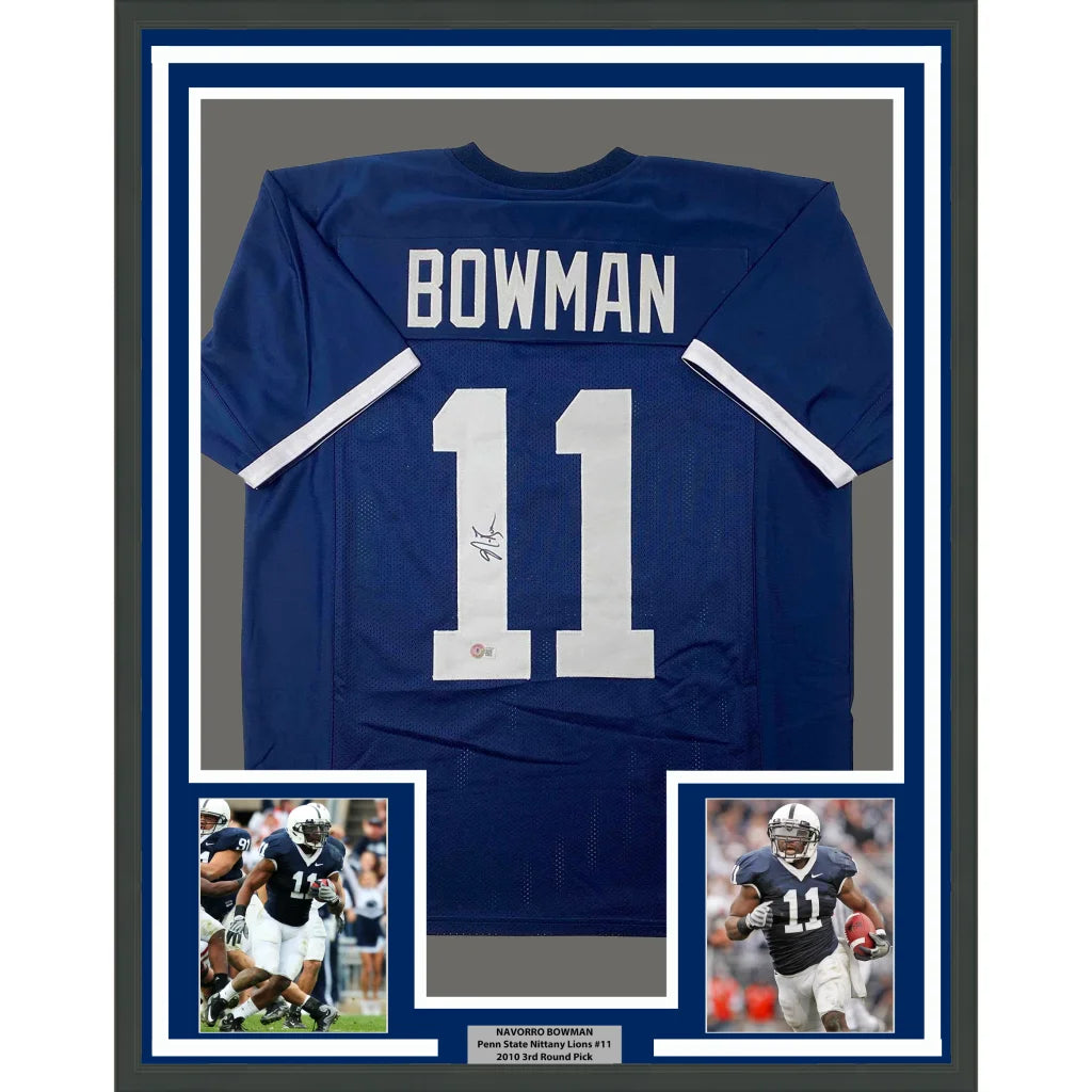 Framed blue football jersey with autographed signature, action photos, and info plaque
