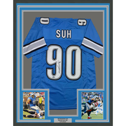 Framed autographed Ndamukong Suh Detroit Lions blue jersey back, #90 Suh, BAS COA