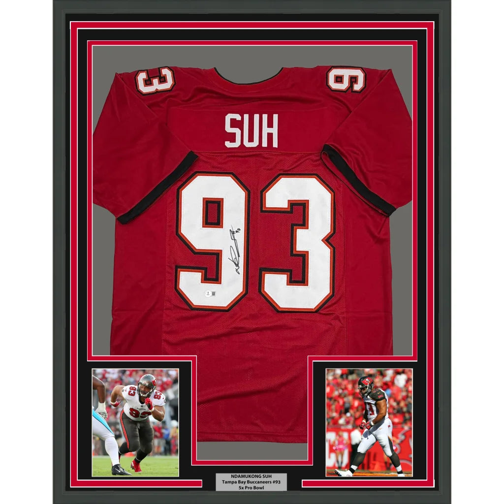 Framed Autographed Ndamukong Suh 35x39 Tampa Bay Red Football Jersey Beckett BAS COA | Hall of Fame Sports Memorabilia | vintageantiquesgifts.com