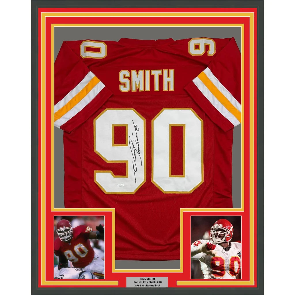 Framed autographed Neil Smith red Kansas City Chiefs jersey back, JSA COA