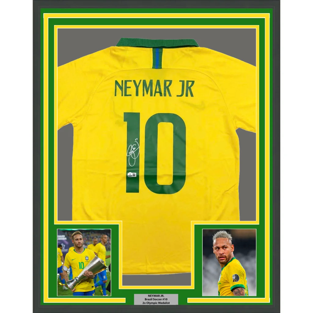 Framed Neymar Jr Brazil jersey with third party authentication and autograph display