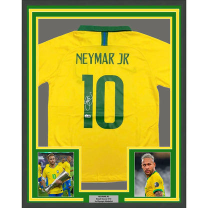 Framed Neymar Jr Brazil jersey with third party authentication and autograph display