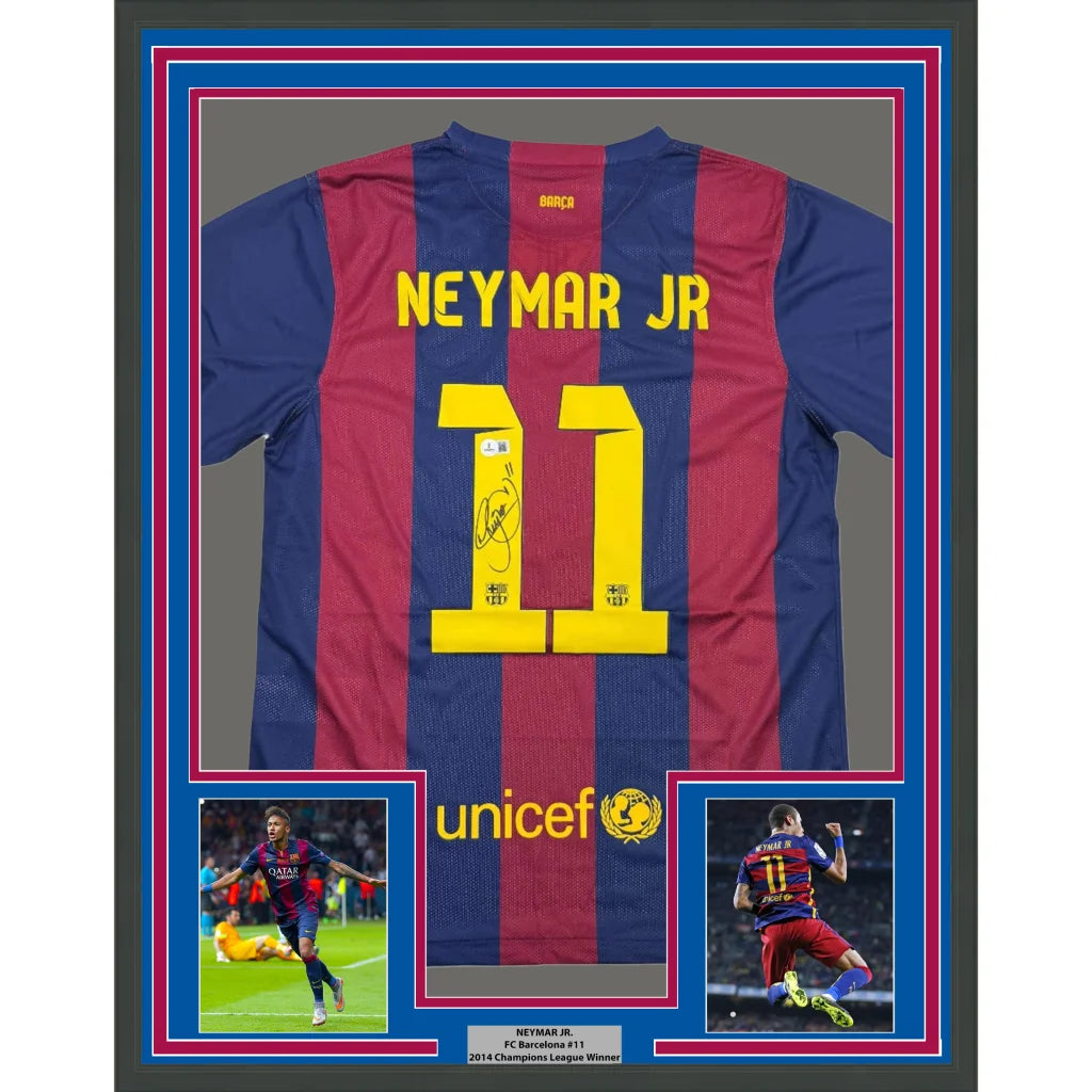 Framed Neymar Jr Barcelona signed jersey with action shots, perfect for fans