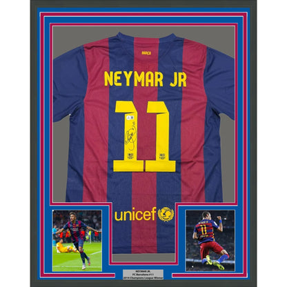 Framed Neymar Jr Barcelona signed jersey with action shots, perfect for fans
