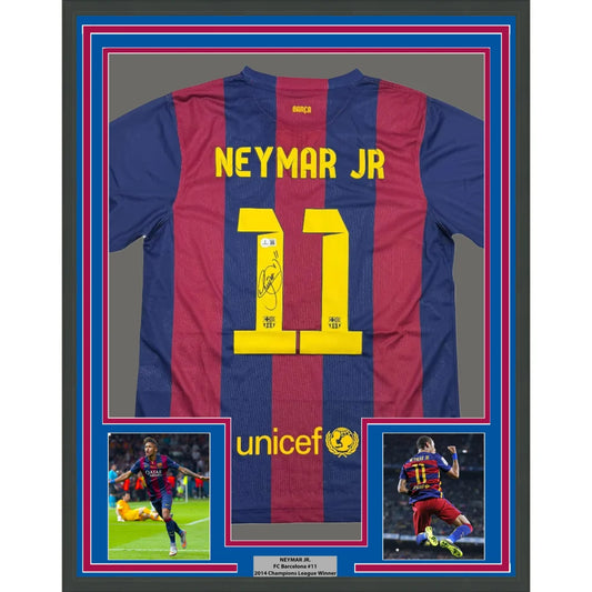 Framed Neymar Jr Barcelona signed jersey with action shots, perfect for fans