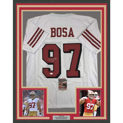 Framed Autographed Nick Bosa 35x39 San Francisco White Football Jersey JSA COA | Hall of Fame Sports Memorabilia | vintageantiquesgifts.com