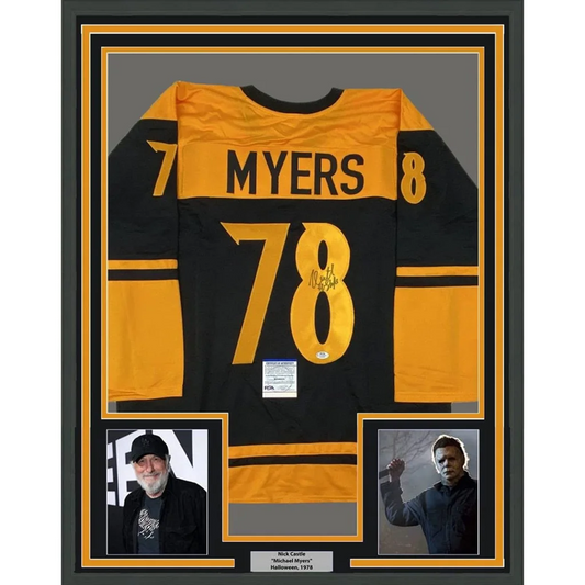 Framed Michael Myers 78 hockey jersey with actor photos for Halloween fan decor
