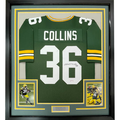 Framed autographed green bay packers green and yellow jersey with white number 36 and name collins displayed from back