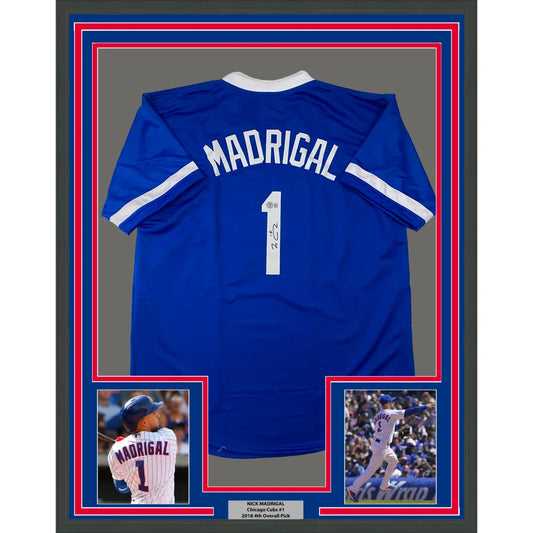 Professionally framed Nick Madrigal Chicago blue baseball jersey with player photos