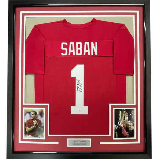 Autographed Nick Saban #1 jersey with two commemorative photos ready to display