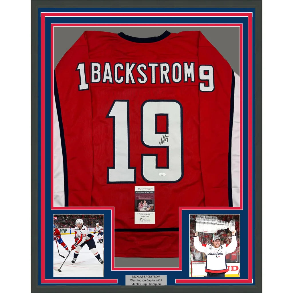 Back of framed autographed Nicklas Backstrom Washington Capitals red jersey with number 19, name Backstrom and signature, JSA COA