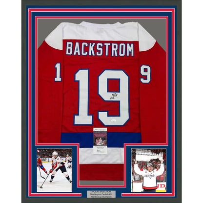 Framed Autographed Nicklas Backstrom 35x39 Washington Red Retro Hockey Jersey JSA COA | Hall of Fame Sports Memorabilia | vintageantiquesgifts.com