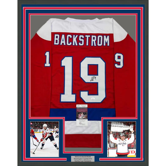 Framed Autographed Nicklas Backstrom 35x39 Washington Red Retro Hockey Jersey JSA COA | Hall of Fame Sports Memorabilia | vintageantiquesgifts.com