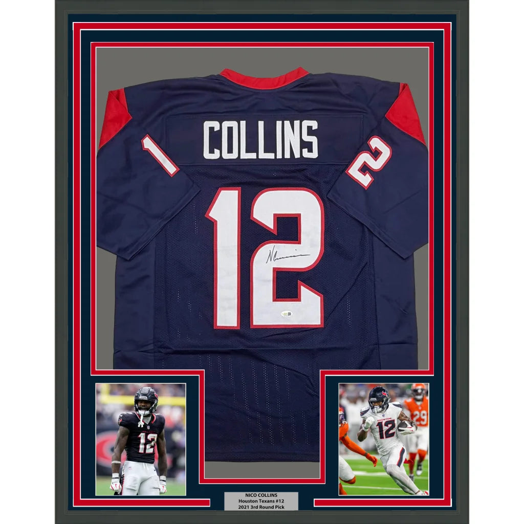 Framed autographed navy blue and red houston texans rookie football jersey with white number 12 and name collins back signed by nico collins
