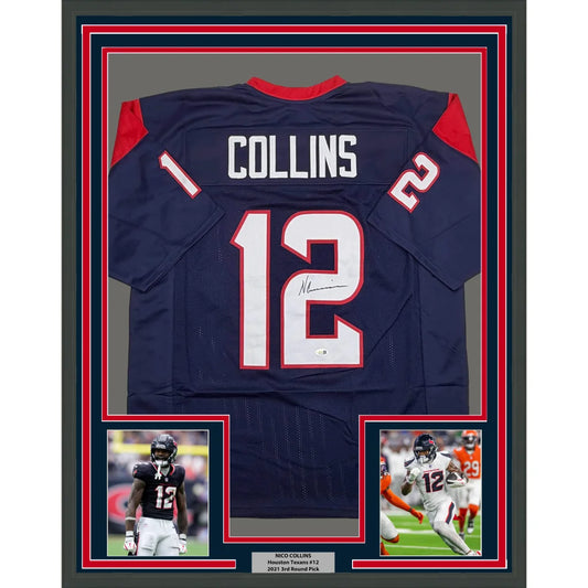 Framed autographed navy blue and red houston texans rookie football jersey with white number 12 and name collins back signed by nico collins
