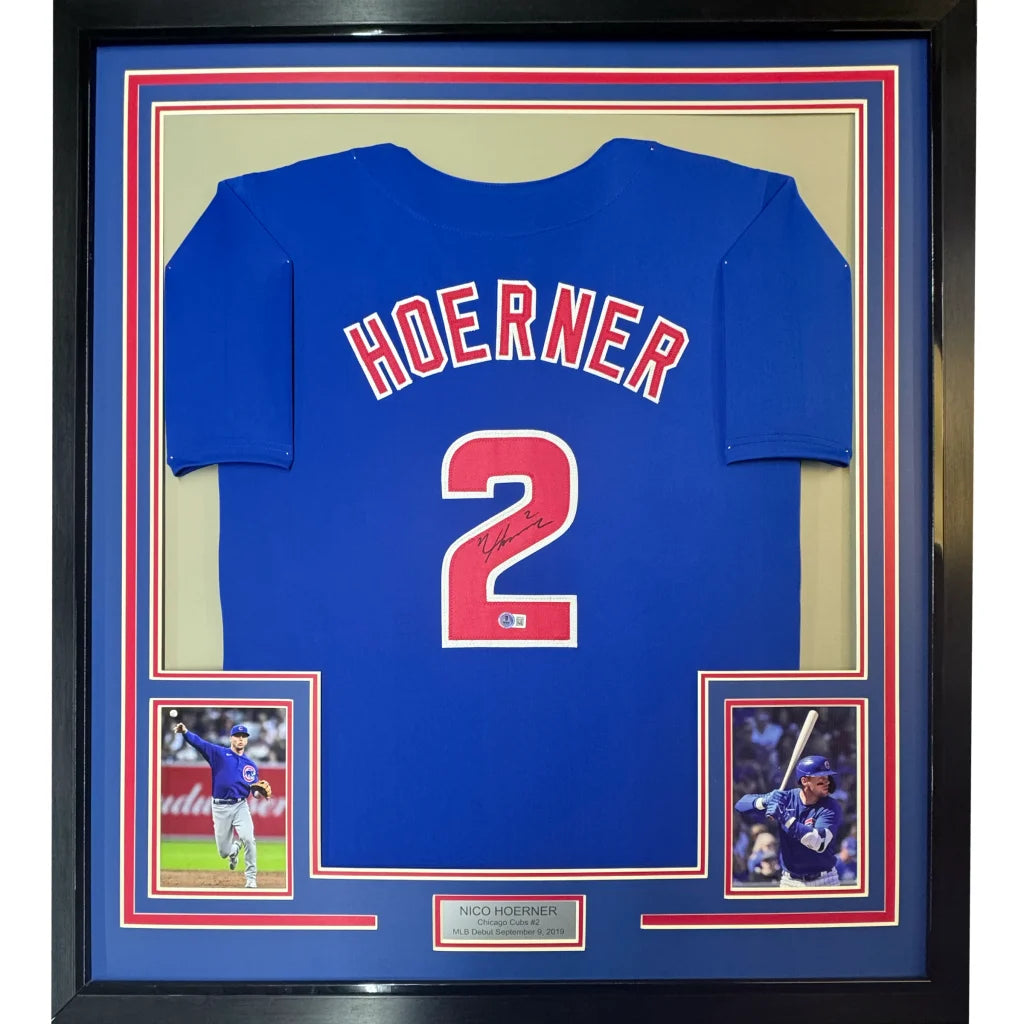 Framed autographed Nico Hoerner blue Chicago Cubs jersey with red number and Beckett BAS COA