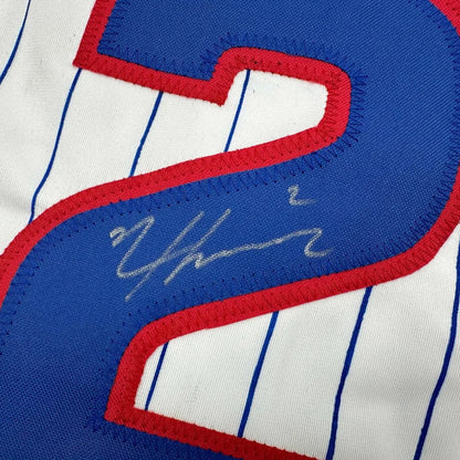Autographed Nico Hoerner Chicago baseball jersey with number 2 in blue and red outline