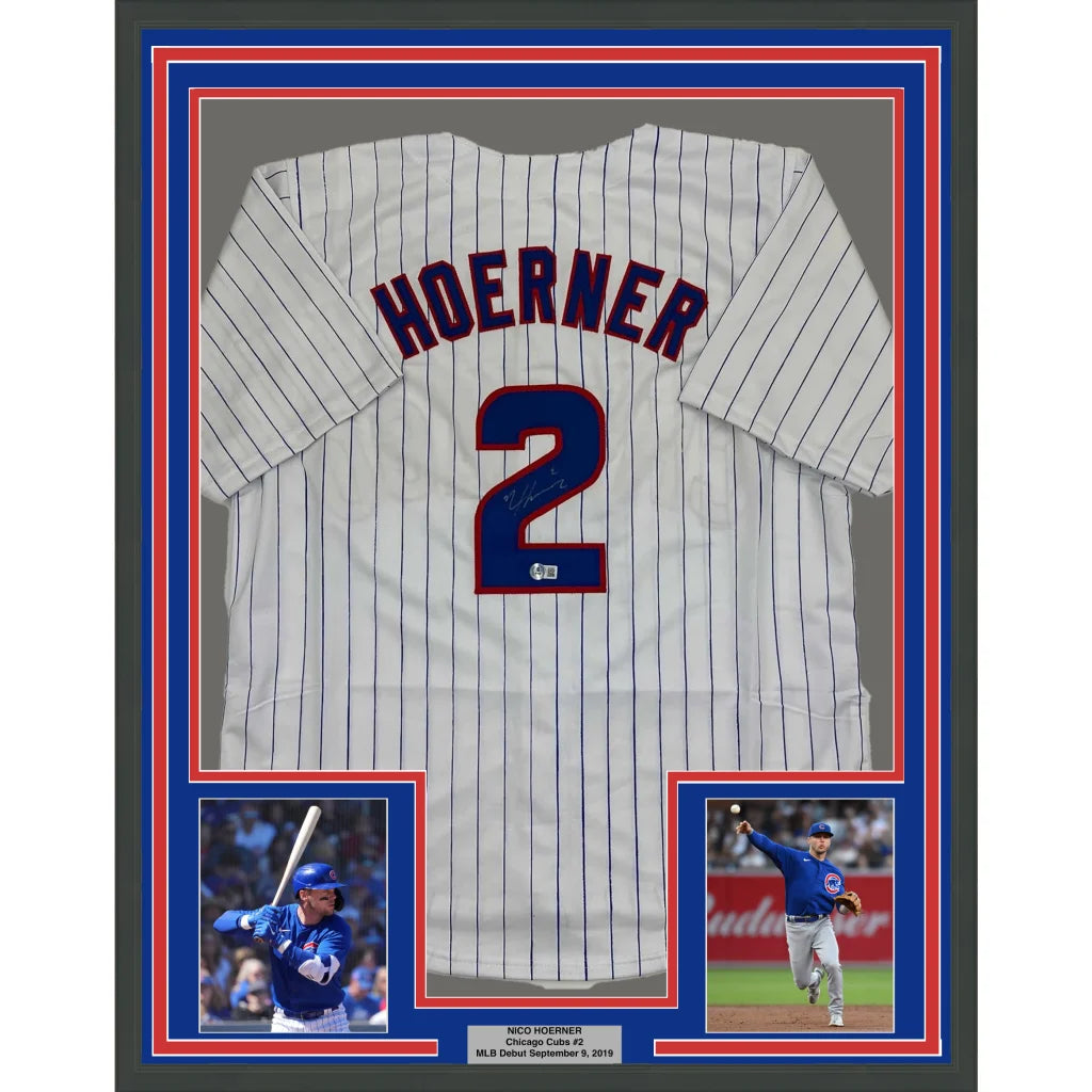 Framed Nico Hoerner Chicago Cubs pinstripe jersey with player photos and plaque