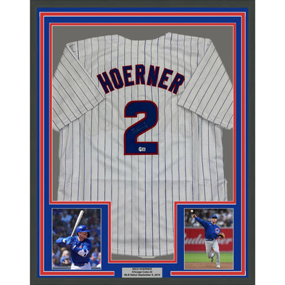 Framed Nico Hoerner Chicago Cubs pinstripe jersey with player photos and plaque