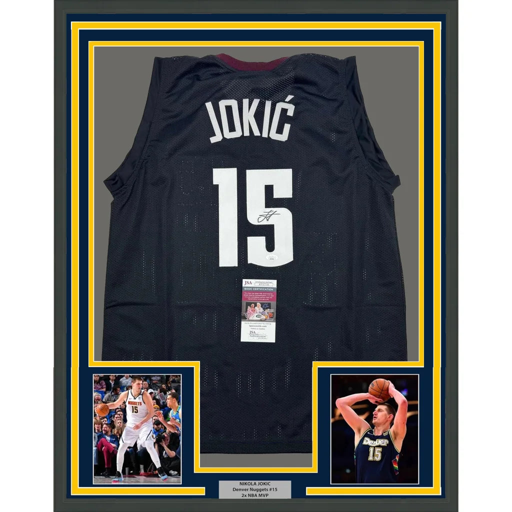 Framed Autographed Nikola Jokic 35x39 Denver Black 5280 City Edition Basketball Jersey JSA COA | Hall of Fame Sports Memorabilia | vintageantiquesgifts.com