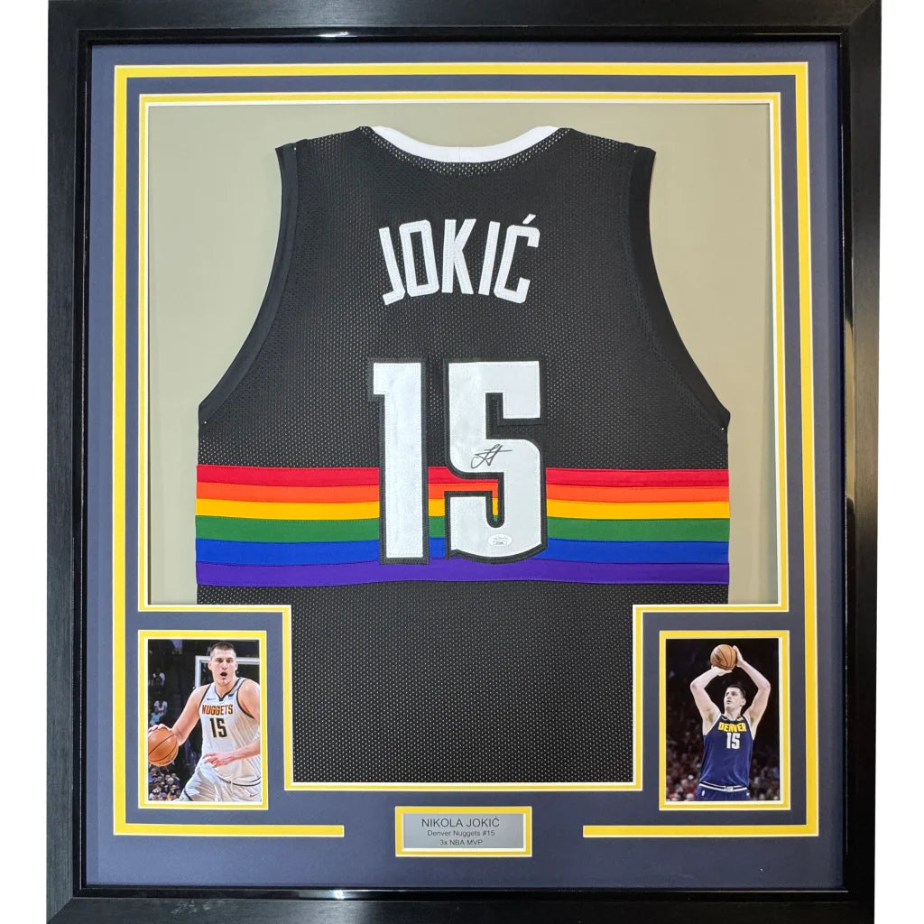 Framed Autographed Nikola Jokic 35x39 Denver Black Rainbow Basketball Jersey JSA COA | Hall of Fame Sports Memorabilia | vintageantiquesgifts.com