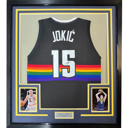 Framed Autographed Nikola Jokic 35x39 Denver Black Rainbow Basketball Jersey JSA COA | Hall of Fame Sports Memorabilia | vintageantiquesgifts.com