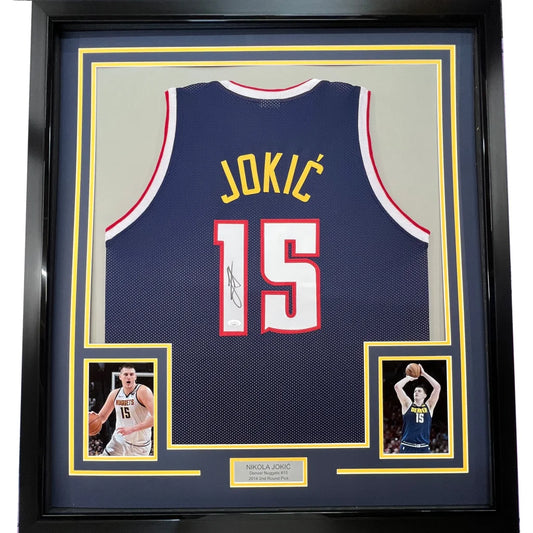 Framed Autographed Nikola Jokic 35x39 Denver Dark Blue Basketball Jersey JSA COA | Hall of Fame Sports Memorabilia | vintageantiquesgifts.com