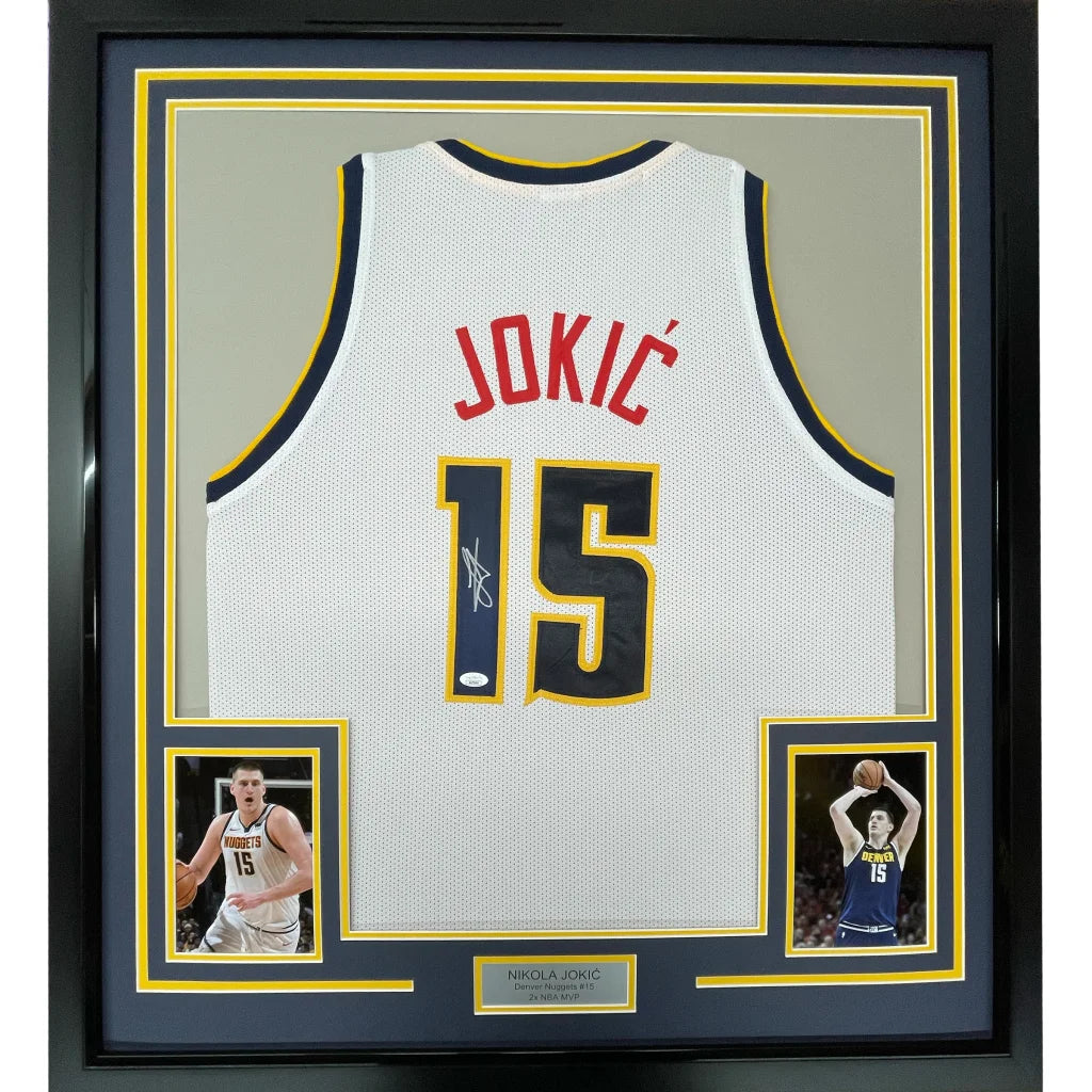 Framed Autographed Nikola Jokic 35x39 Denver White Basketball Jersey JSA COA | Hall of Fame Sports Memorabilia | vintageantiquesgifts.com