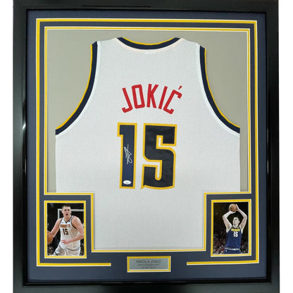 Framed Autographed Nikola Jokic 35x39 Denver White Basketball Jersey JSA COA | Hall of Fame Sports Memorabilia | vintageantiquesgifts.com