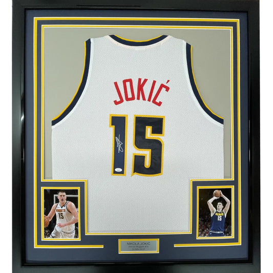 Framed Autographed Nikola Jokic 35x39 Denver White Basketball Jersey JSA COA | Hall of Fame Sports Memorabilia | vintageantiquesgifts.com