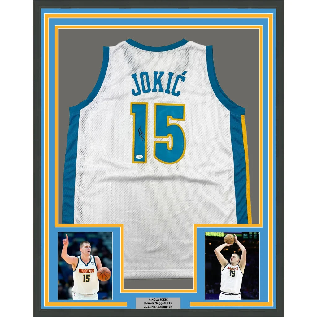 Framed Nikola Jokic autographed Denver Nuggets jersey with player photos for fans