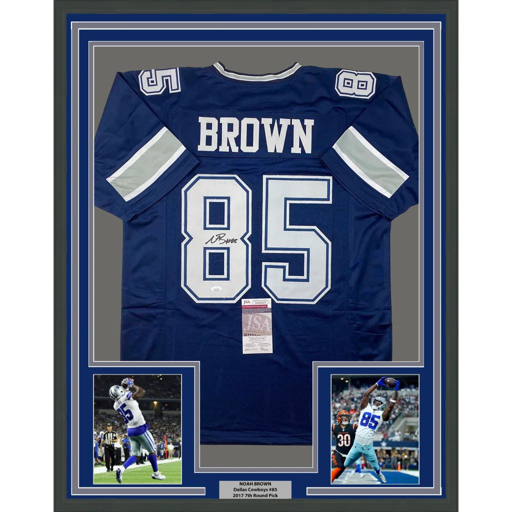 Framed Dez Bryant signed Cowboys jersey with two photos, perfect for display