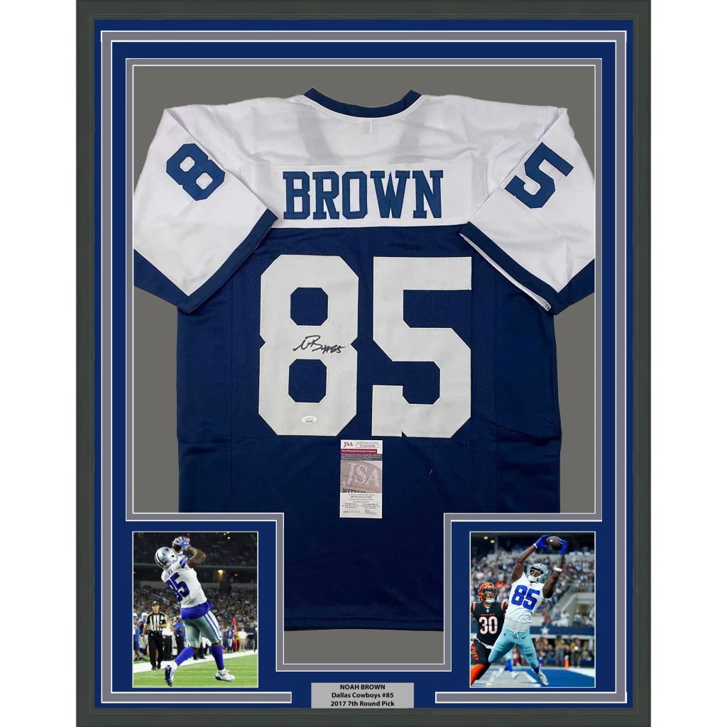 Framed Autographed Noah Brown 35x39 Dallas Thanksgiving Day Football Jersey JSA COA | Hall of Fame Sports Memorabilia | vintageantiquesgifts.com