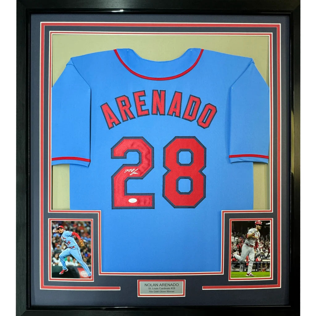 Framed Autographed Nolan Arenado 35x39 St. Louis Blue Baseball Jersey JSA COA | Hall of Fame Sports Memorabilia | vintageantiquesgifts.com