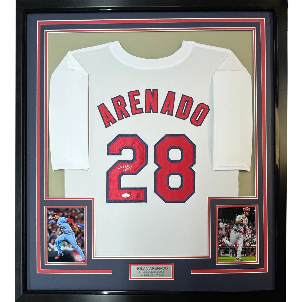Framed Autographed Nolan Arenado 35x39 St. Louis White Baseball Jersey JSA COA | Hall of Fame Sports Memorabilia | vintageantiquesgifts.com