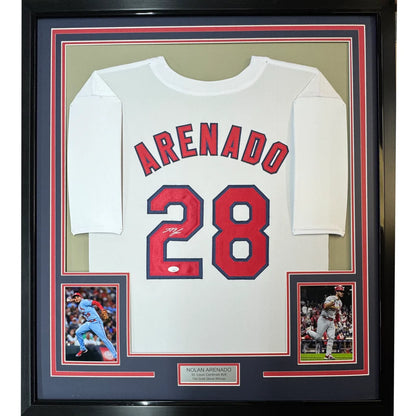 Framed Autographed Nolan Arenado 35x39 St. Louis White Baseball Jersey JSA COA | Hall of Fame Sports Memorabilia | vintageantiquesgifts.com