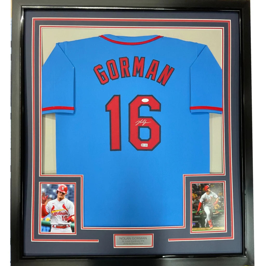 Framed Autographed Nolan Gorman 35x39 St. Louis Blue Baseball Jersey JSA COA | Hall of Fame Sports Memorabilia | vintageantiquesgifts.com