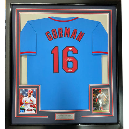 Framed Autographed Nolan Gorman 35x39 St. Louis Blue Baseball Jersey JSA COA | Hall of Fame Sports Memorabilia | vintageantiquesgifts.com