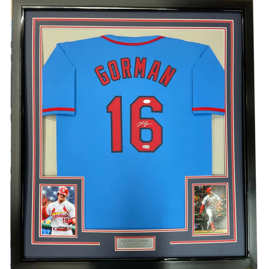 Framed Autographed Nolan Gorman 35x39 St. Louis Blue Baseball Jersey JSA COA | Hall of Fame Sports Memorabilia | vintageantiquesgifts.com