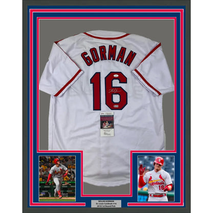 Framed Autographed Nolan Gorman 35x39 St. Louis White Baseball Jersey JSA COA | Hall of Fame Sports Memorabilia | vintageantiquesgifts.com