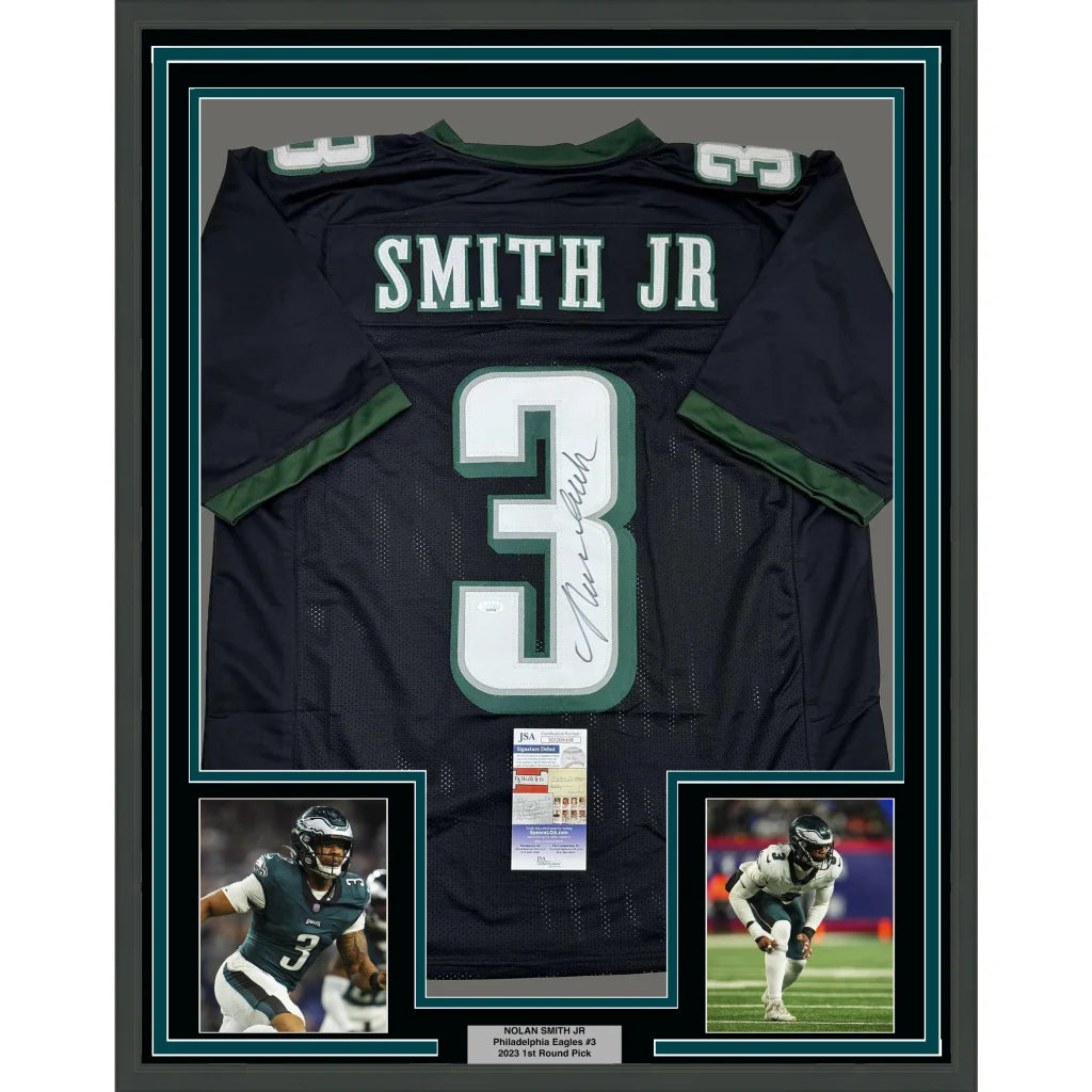 Framed Autographed Nolan Smith Jr. 35x39 Philadelphia Black Football Jersey JSA COA | Hall of Fame Sports Memorabilia | vintageantiquesgifts.com