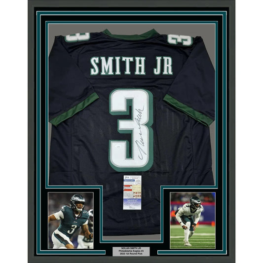 Framed Autographed Nolan Smith Jr. 35x39 Philadelphia Black Football Jersey JSA COA | Hall of Fame Sports Memorabilia | vintageantiquesgifts.com
