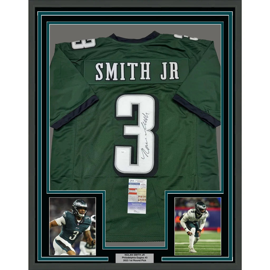 Framed Autographed Nolan Smith Jr. 35x39 Philadelphia Green Football Jersey JSA COA | Hall of Fame Sports Memorabilia | vintageantiquesgifts.com
