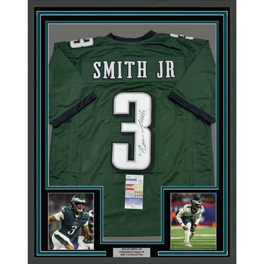 Framed Nolan Smith Eagles jersey with JSA COA, perfect for your man cave display