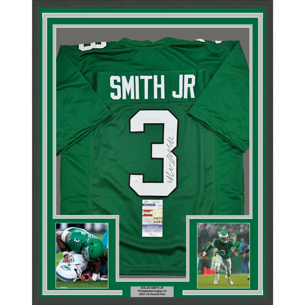 Professionally framed Nolan Smith Jr Philadelphia Kelly Green football jersey with action photos