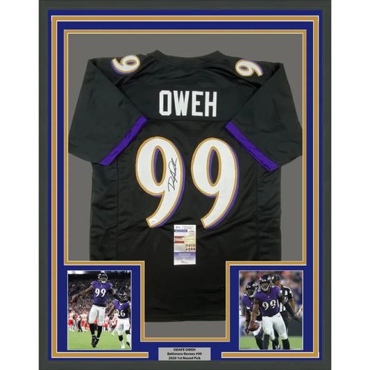 Framed black Baltimore Ravens Oweh #99 custom jersey with autograph and player photos
