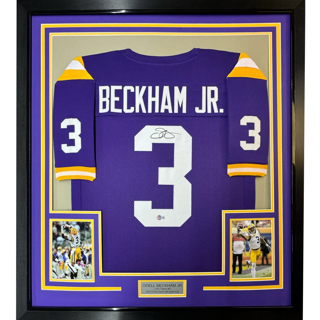 Signed Odell Beckham LSU purple jersey with Beckham Jr. gold lettering for man cave