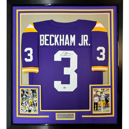 Signed Odell Beckham LSU purple jersey with Beckham Jr. gold lettering for man cave