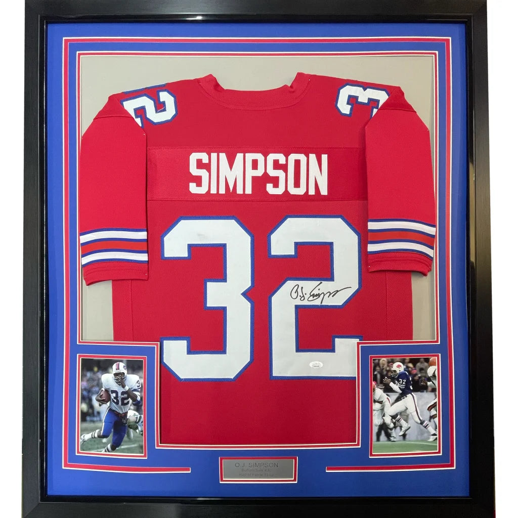 Framed Autographed OJ O.J. Simpson 35x39 Buffalo Red Football Jersey JSA COA | Hall of Fame Sports Memorabilia | vintageantiquesgifts.com